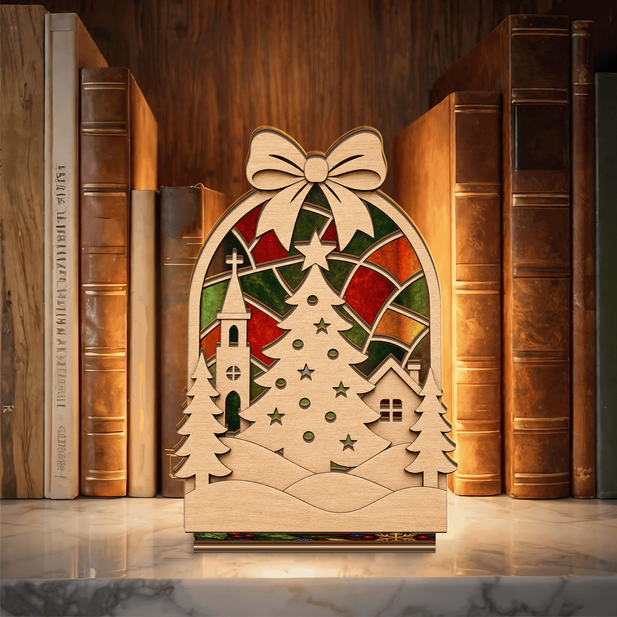 Christmas bow village suncatcher candle holder with tree and church