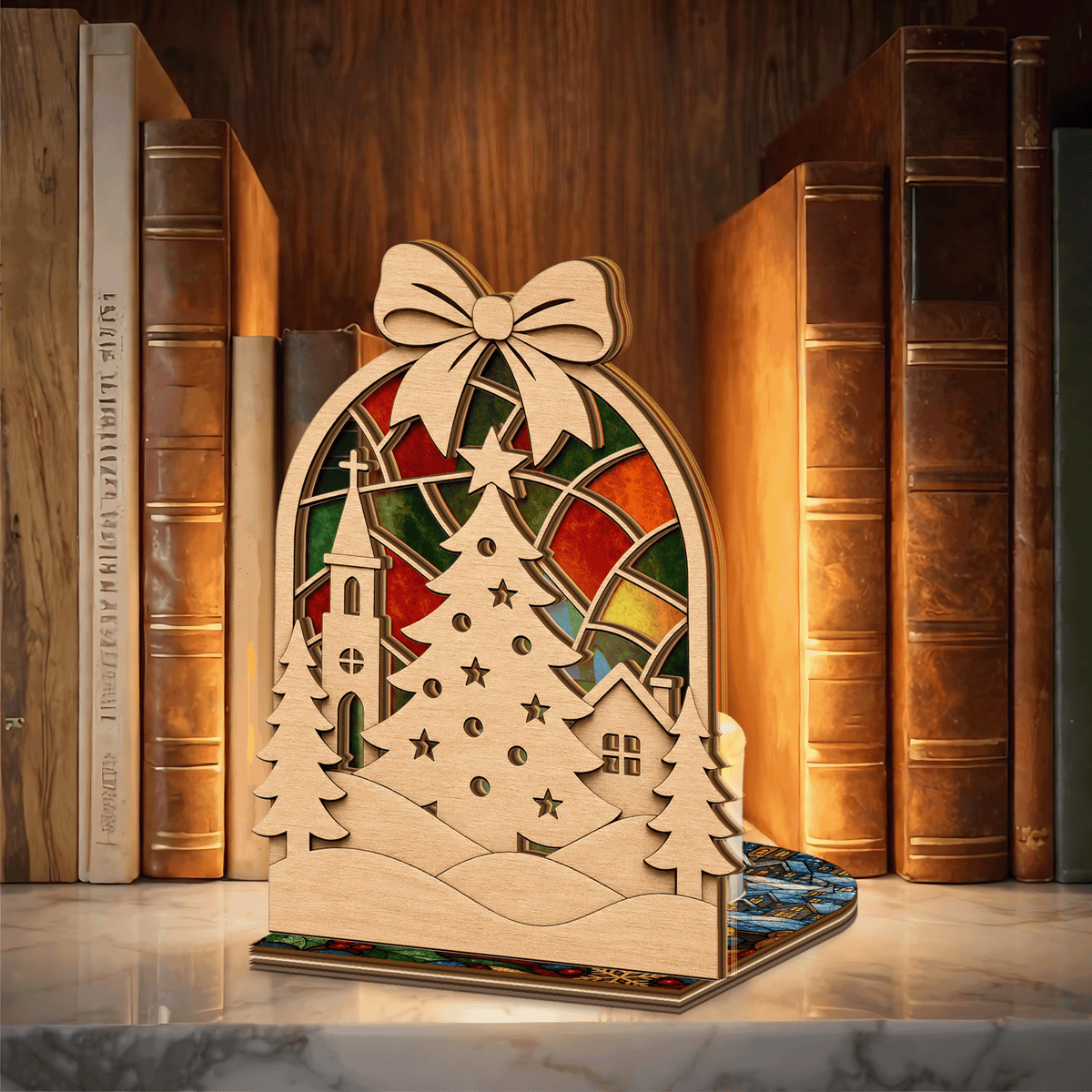 Christmas bow village suncatcher candle holder side view