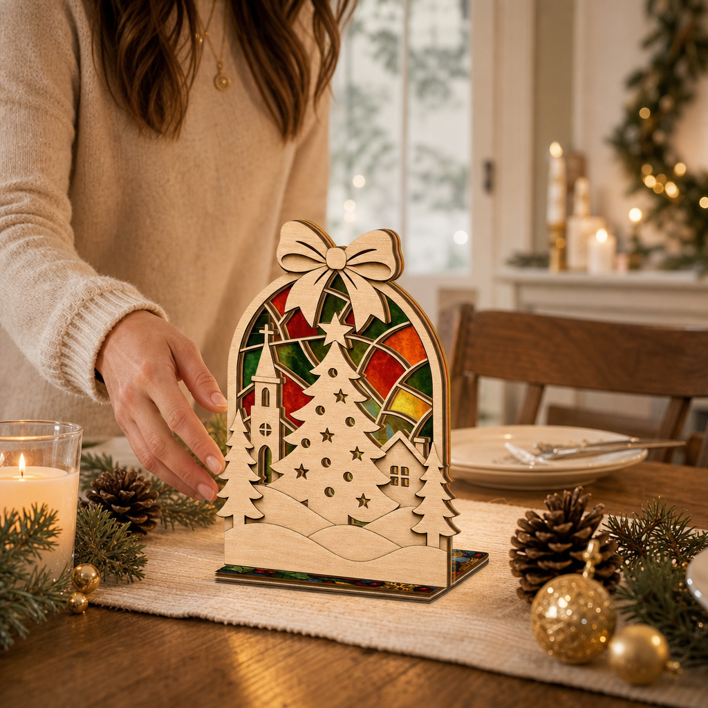 Christmas bow village suncatcher candle holder glowing on holiday table