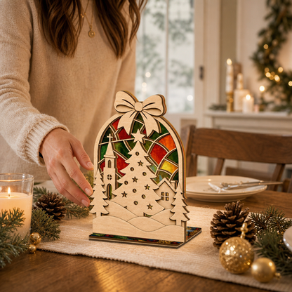 Christmas bow village suncatcher candle holder glowing on holiday table