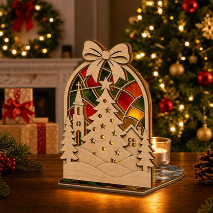 Christmas bow village suncatcher candle holder glowing on holiday table