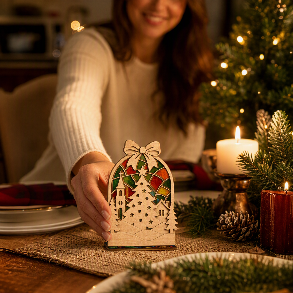 Christmas bow village suncatcher candle holder glowing on holiday table