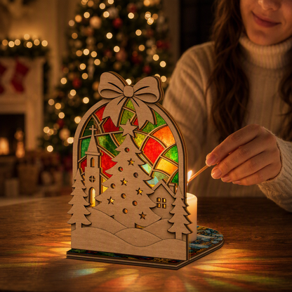 Christmas bow village suncatcher candle holder glowing on holiday table