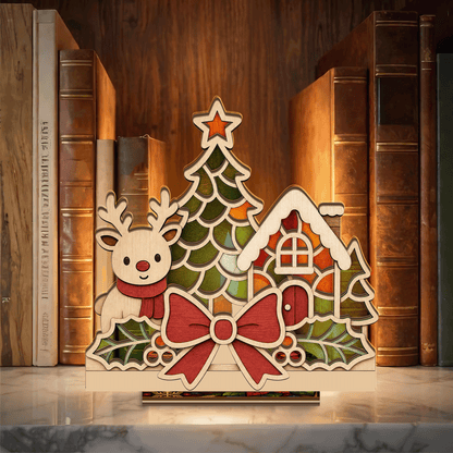 Christmas reindeer cottage and bow suncatcher candle holder with tree and holly