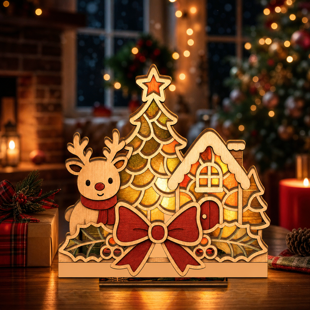 Christmas reindeer cottage suncatcher candle holder glowing on holiday table