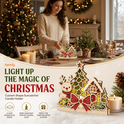 Christmas reindeer cottage suncatcher candle holder glowing on holiday table