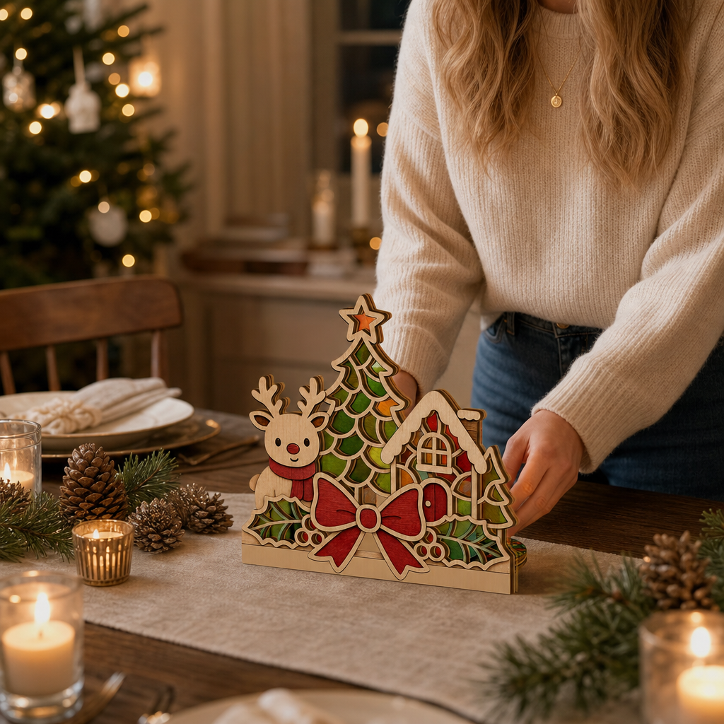 Christmas reindeer cottage suncatcher candle holder glowing on holiday table