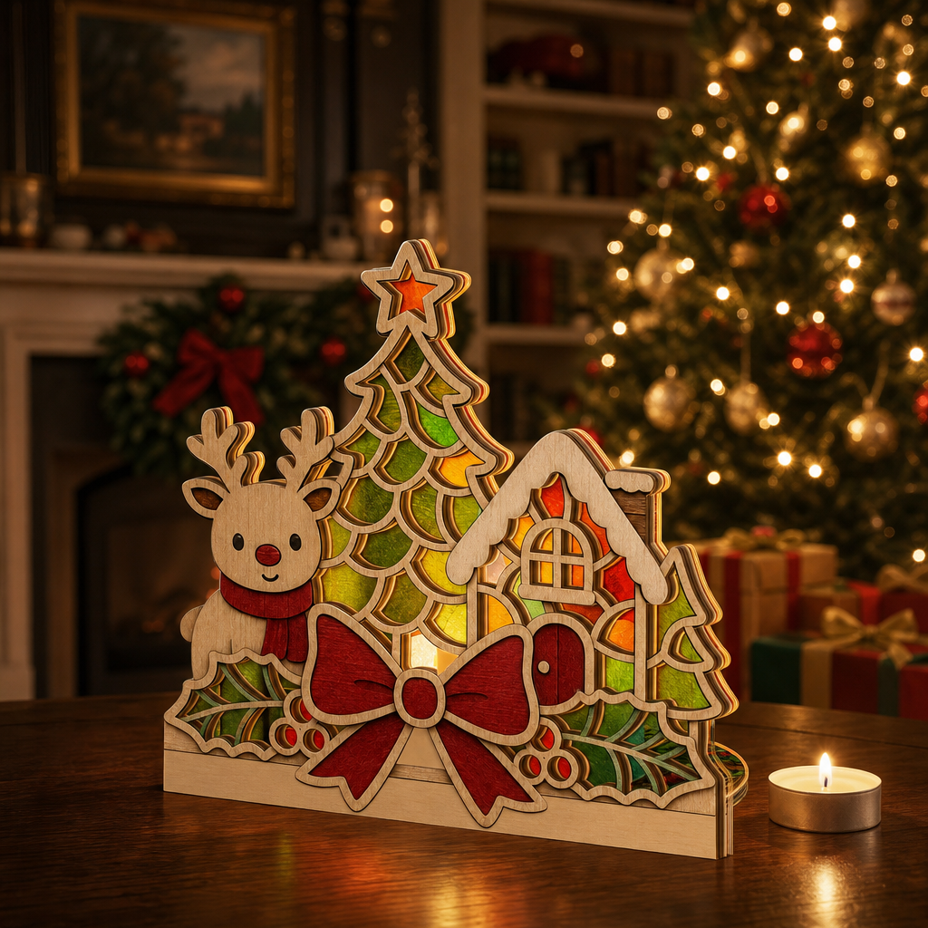 Christmas reindeer cottage suncatcher candle holder glowing on holiday table