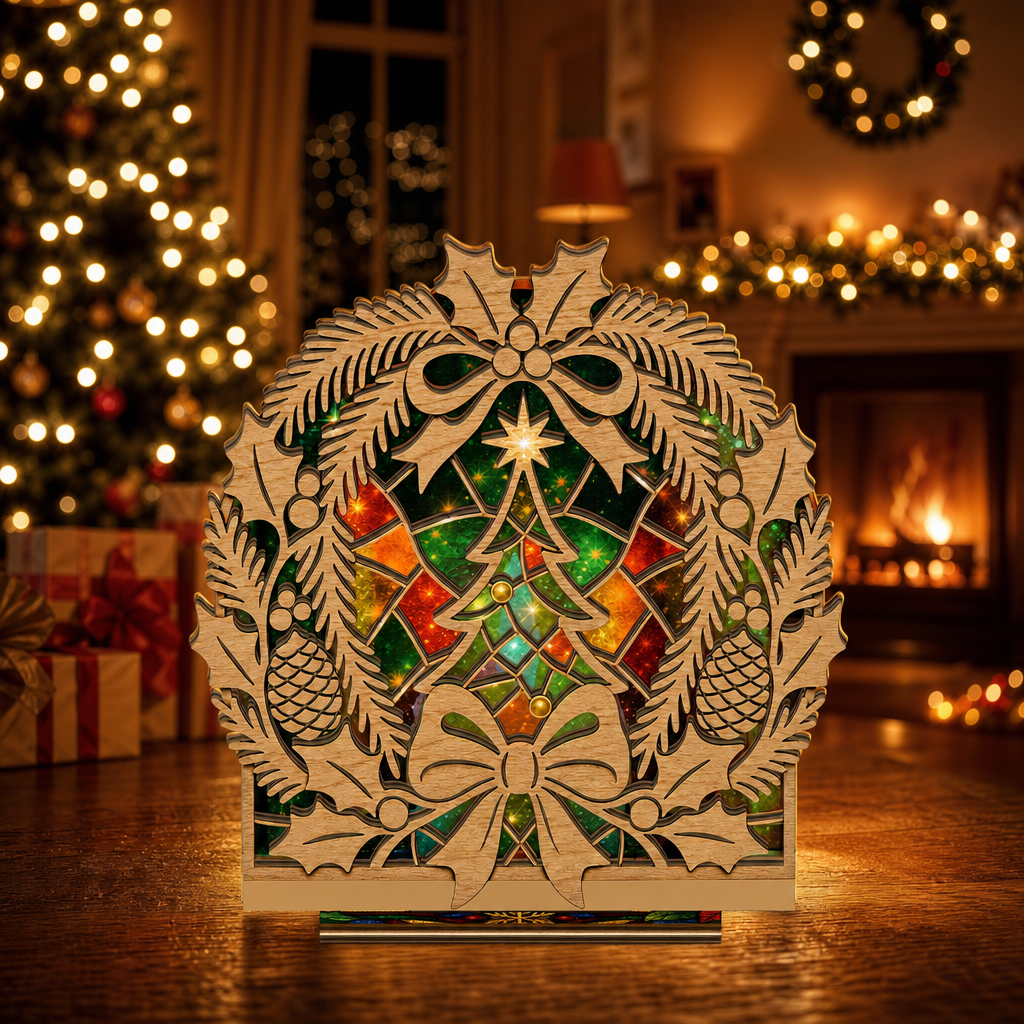 Christmas holly wreath suncatcher candle holder glowing on holiday table