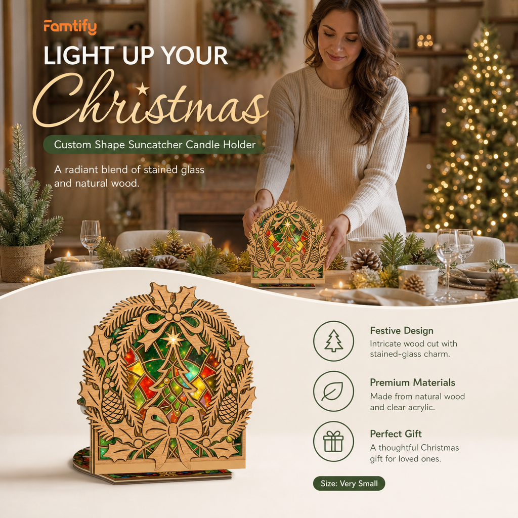 Christmas holly wreath suncatcher candle holder glowing on holiday table
