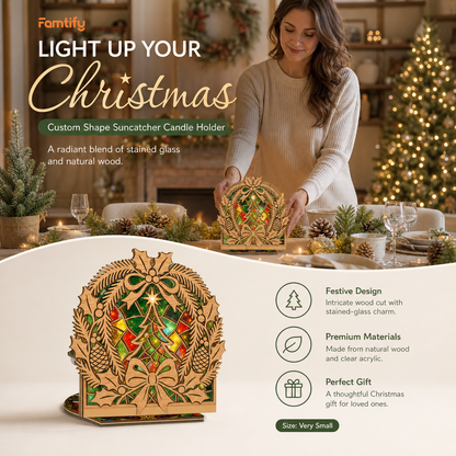 Christmas holly wreath suncatcher candle holder glowing on holiday table