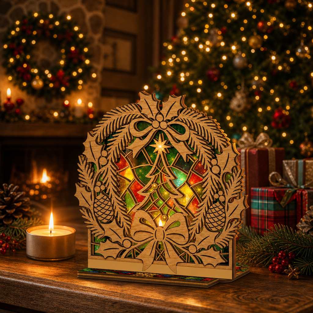 Christmas holly wreath suncatcher candle holder glowing on holiday table