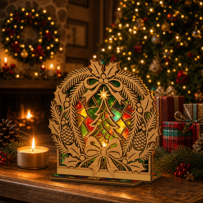 Christmas holly wreath suncatcher candle holder glowing on holiday table