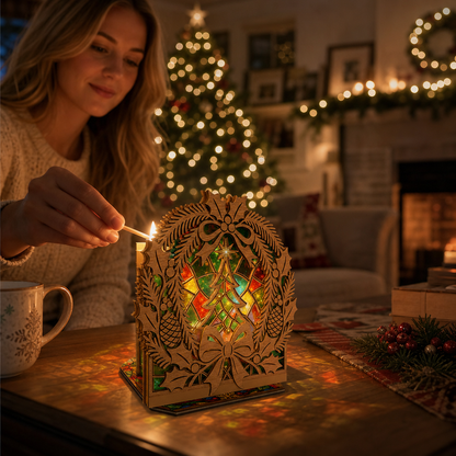 Christmas holly wreath suncatcher candle holder glowing on holiday table