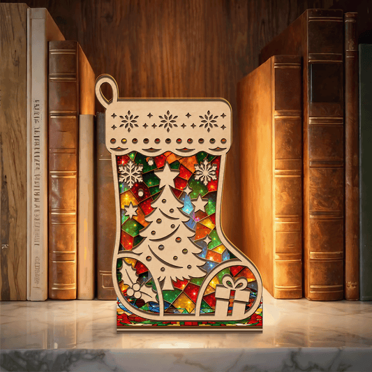 Christmas stocking suncatcher candle holder with tree, holly and gift