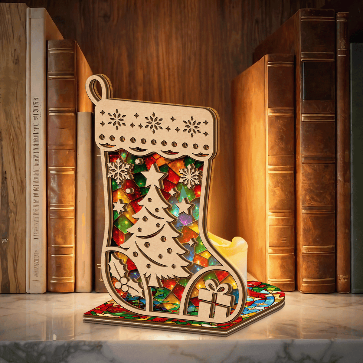 Christmas stocking suncatcher candle holder side view