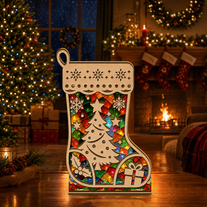 Christmas stocking suncatcher candle holder glowing on holiday table