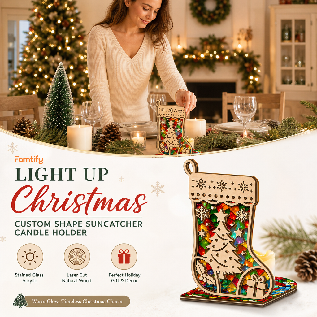 Christmas stocking suncatcher candle holder glowing on holiday table