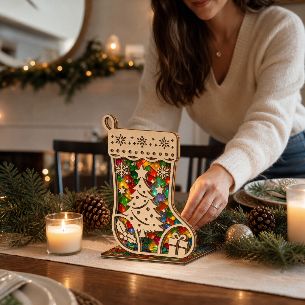 Christmas stocking suncatcher candle holder glowing on holiday table