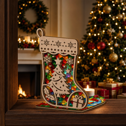 Christmas stocking suncatcher candle holder glowing on holiday table