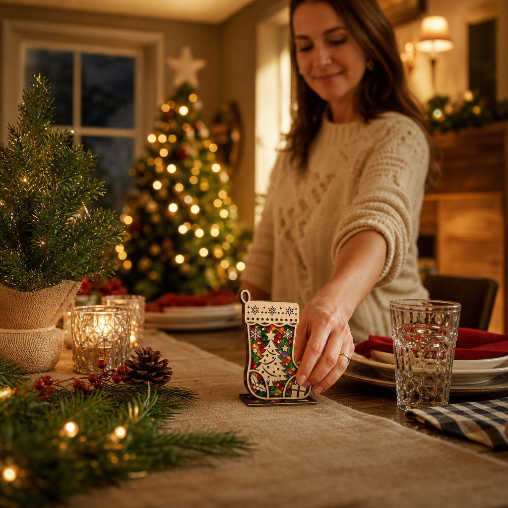 Christmas stocking suncatcher candle holder glowing on holiday table