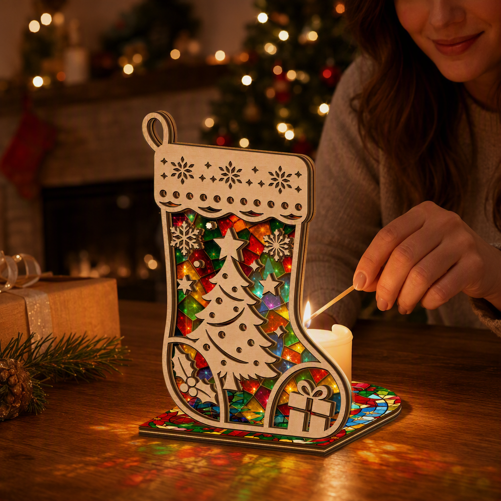 Christmas stocking suncatcher candle holder glowing on holiday table