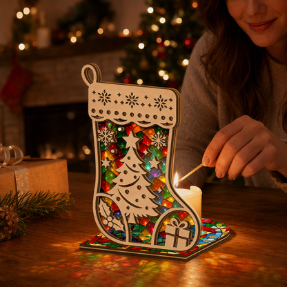 Christmas stocking suncatcher candle holder glowing on holiday table