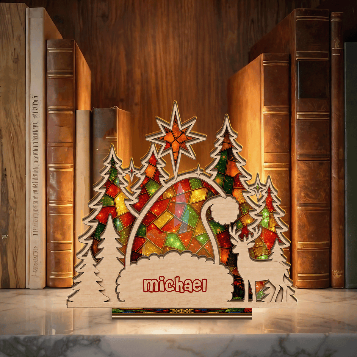 Personalized Christmas Santa hat name suncatcher candle holder with reindeer and pines