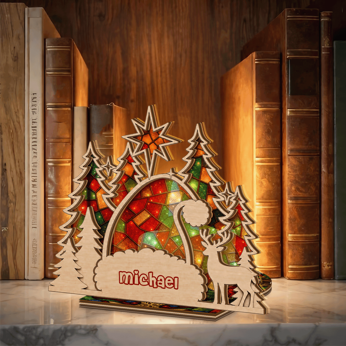 Personalized Santa hat name suncatcher candle holder side view