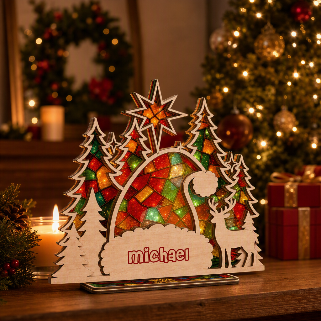 Personalized Santa hat name suncatcher candle holder glowing on holiday table