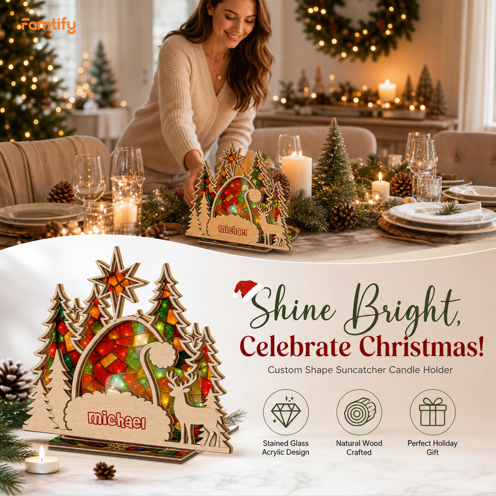 Personalized Santa hat name suncatcher candle holder glowing on holiday table