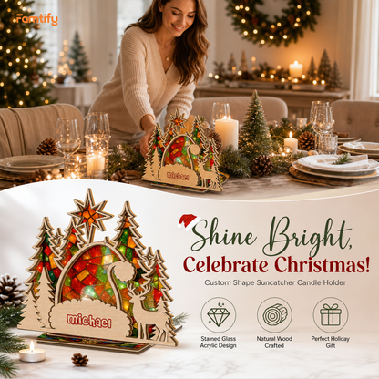 Personalized Santa hat name suncatcher candle holder glowing on holiday table