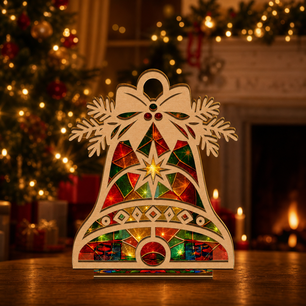 Christmas bell suncatcher candle holder glowing on holiday table