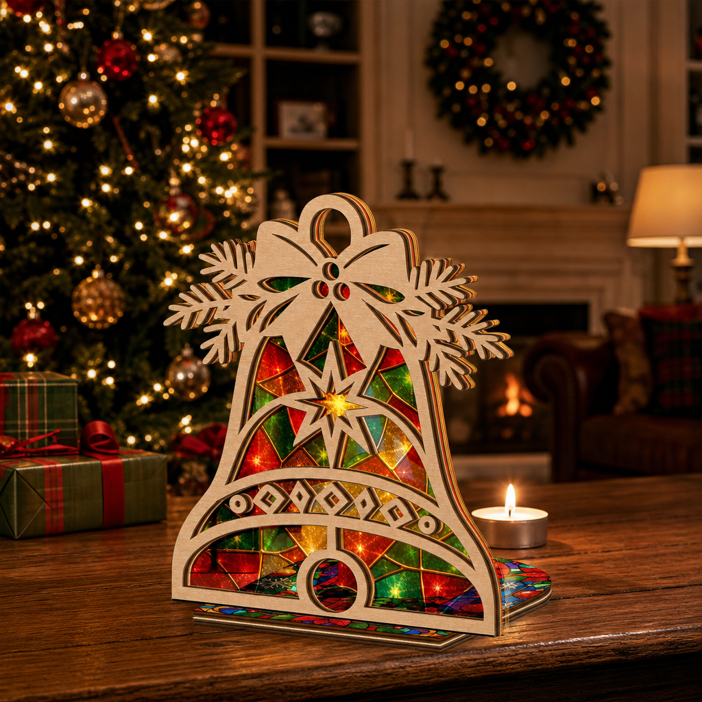 Christmas bell suncatcher candle holder glowing on holiday table