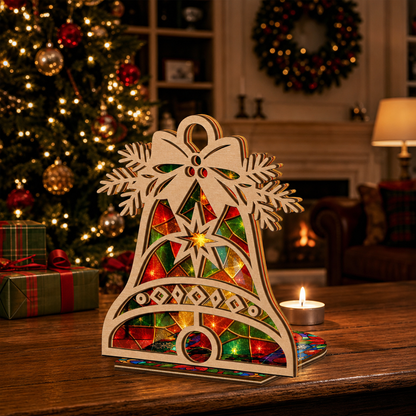 Christmas bell suncatcher candle holder glowing on holiday table