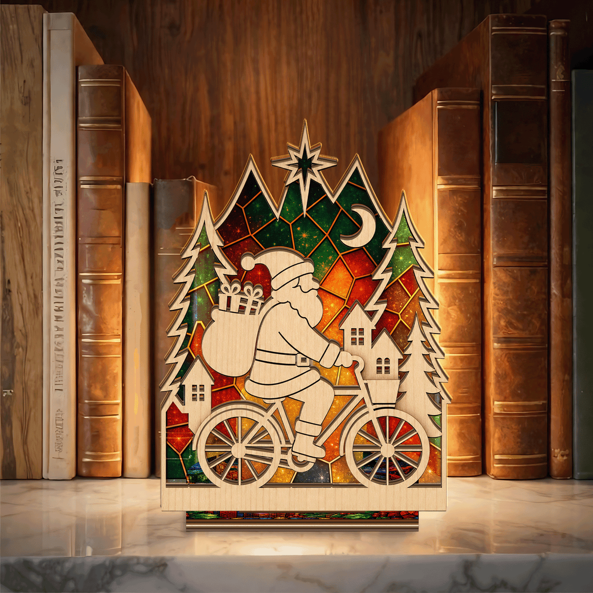 Christmas Santa riding bicycle suncatcher candle holder with village and pines