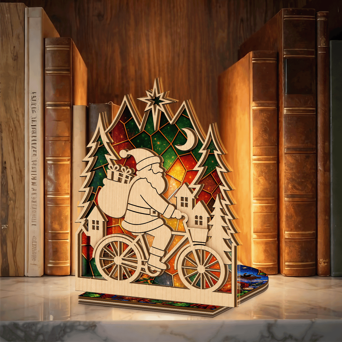 Christmas Santa bicycle suncatcher candle holder side view