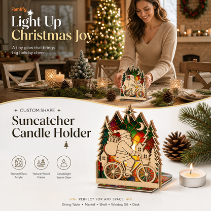 Christmas Santa bicycle suncatcher candle holder glowing on holiday table