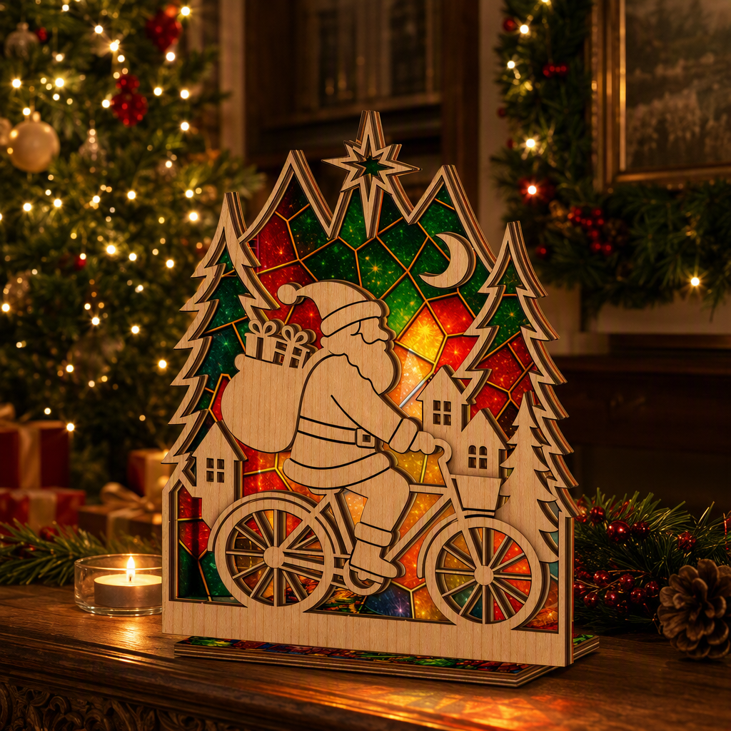 Christmas Santa bicycle suncatcher candle holder glowing on holiday table