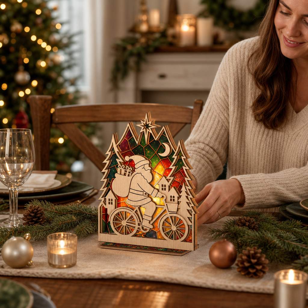 Christmas Santa bicycle suncatcher candle holder glowing on holiday table