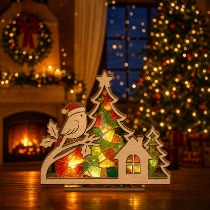 Christmas winter bird suncatcher candle holder glowing on holiday table