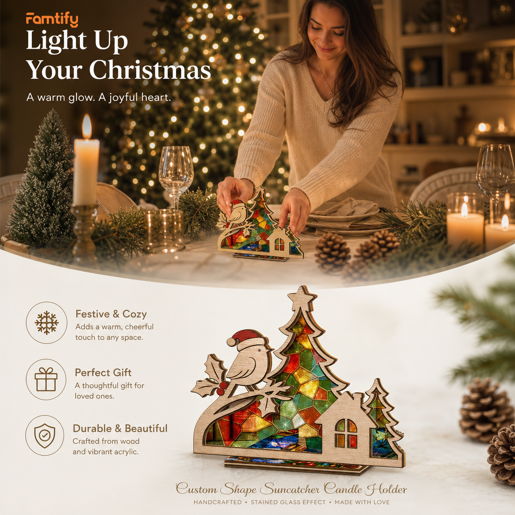 Christmas winter bird suncatcher candle holder glowing on holiday table