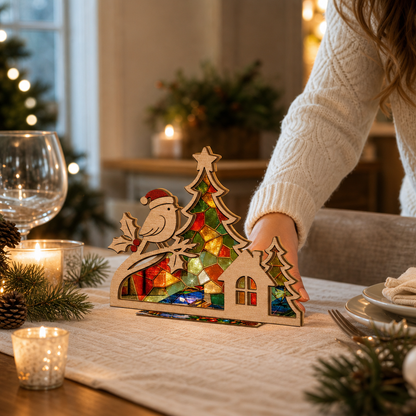 Christmas winter bird suncatcher candle holder glowing on holiday table