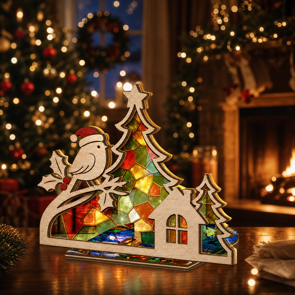 Christmas winter bird suncatcher candle holder glowing on holiday table