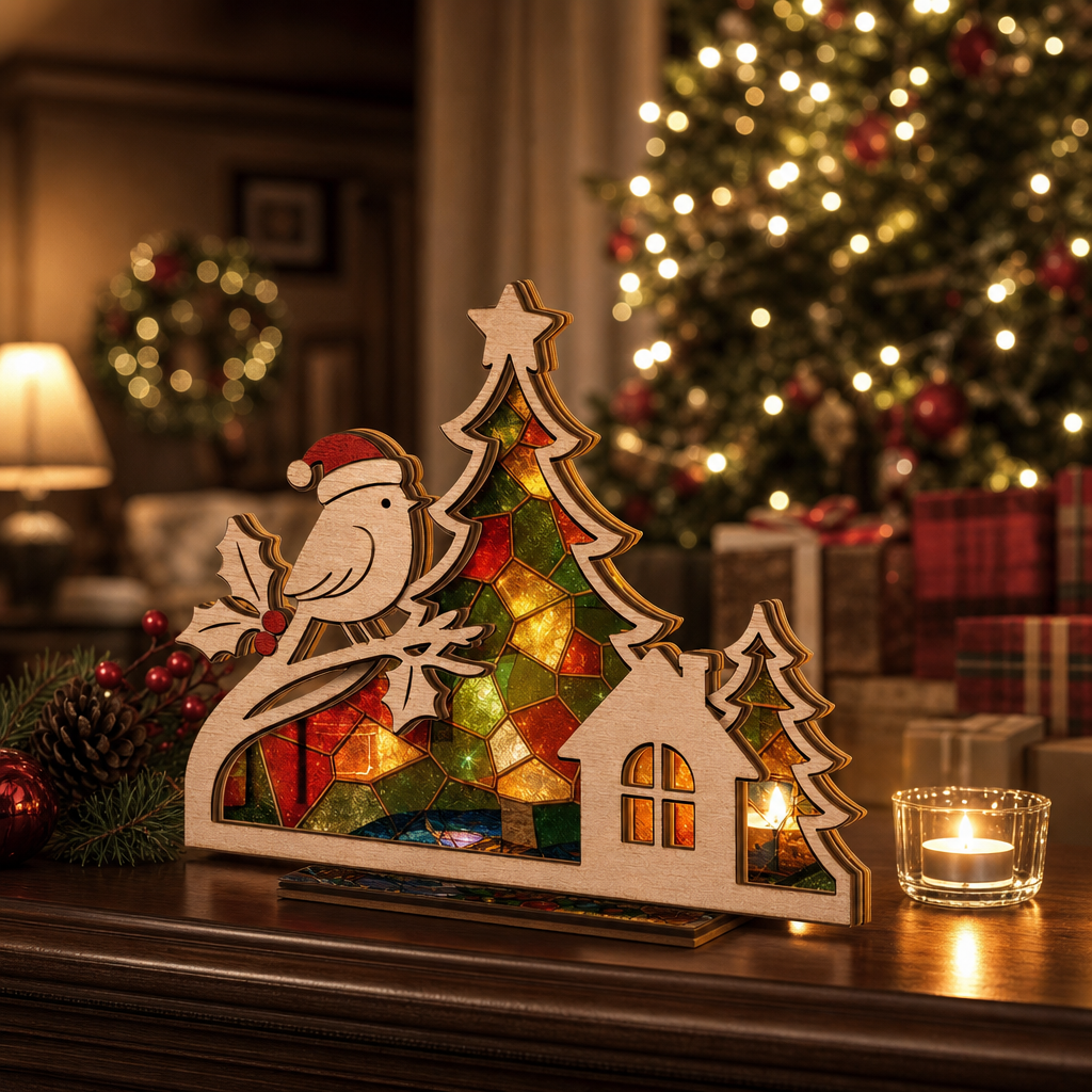 Christmas winter bird suncatcher candle holder glowing on holiday table