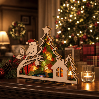 Christmas winter bird suncatcher candle holder glowing on holiday table