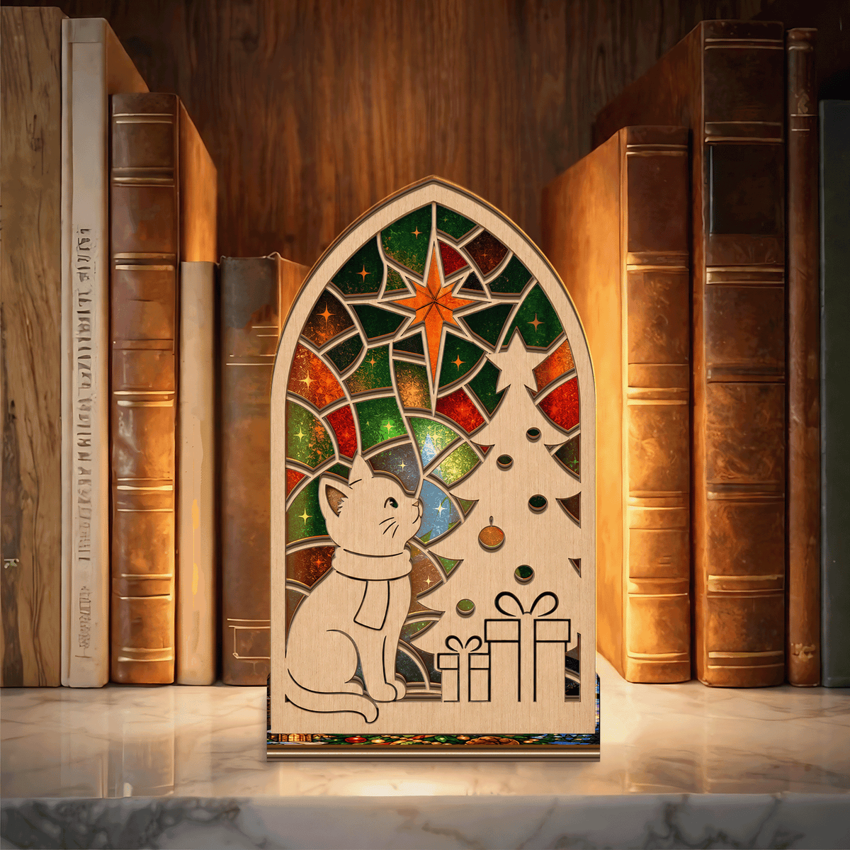 Christmas cat and tree suncatcher candle holder with gothic arch window