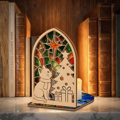 Christmas cat and tree suncatcher candle holder side view