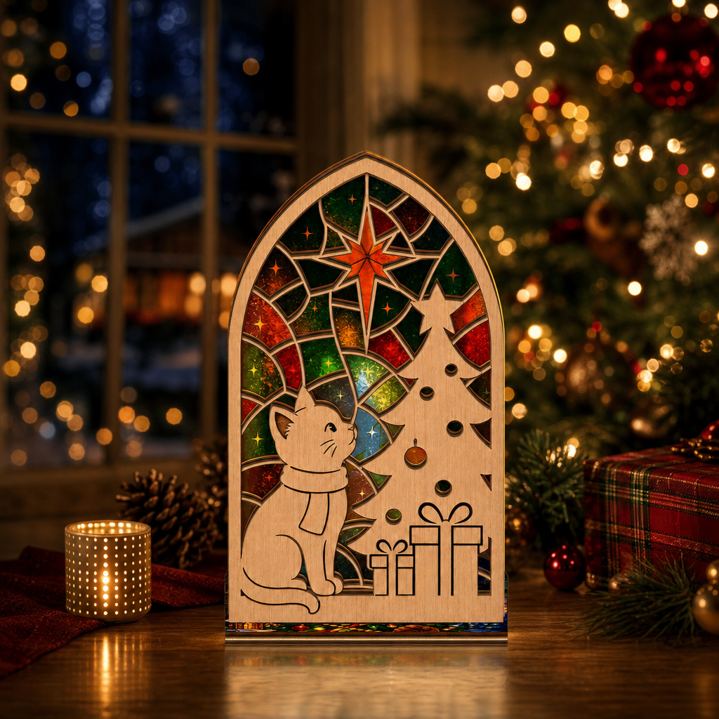 Christmas cat and tree suncatcher candle holder glowing on holiday table