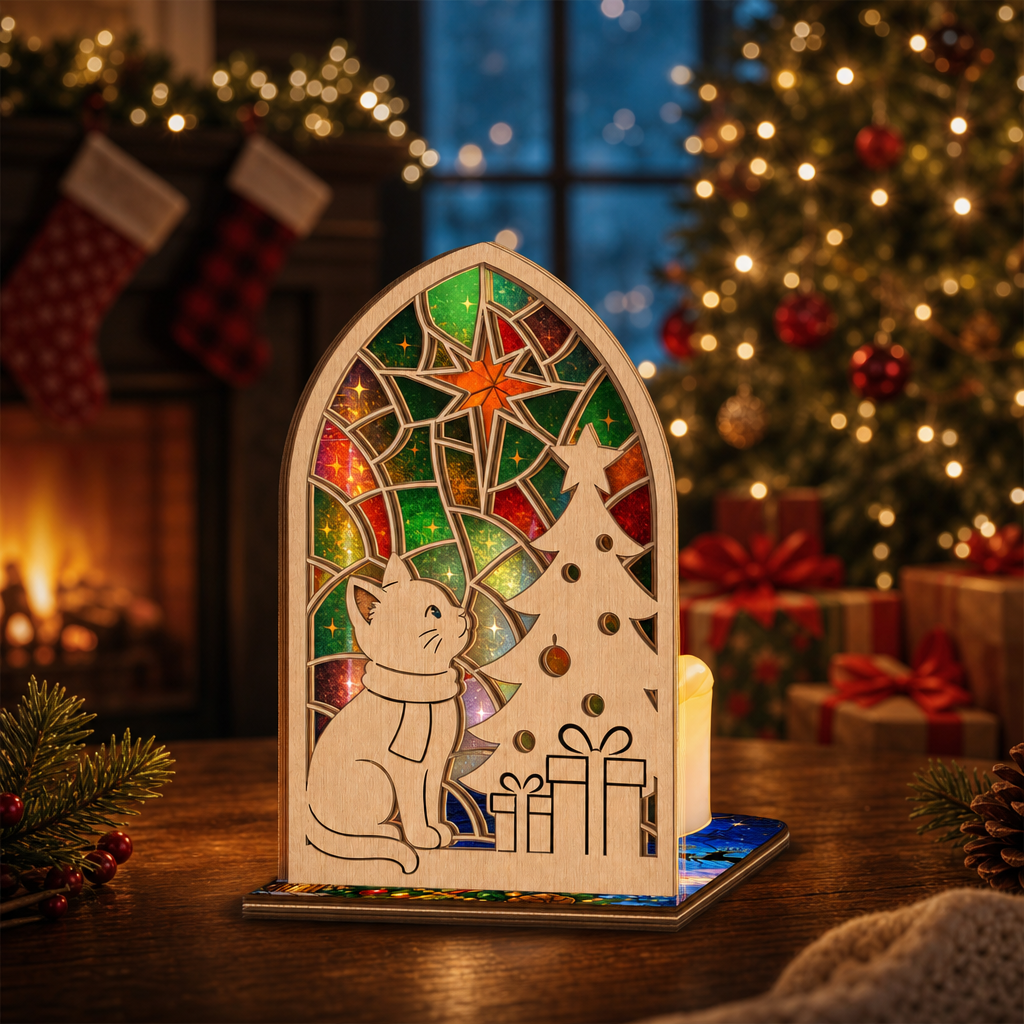 Christmas cat and tree suncatcher candle holder glowing on holiday table